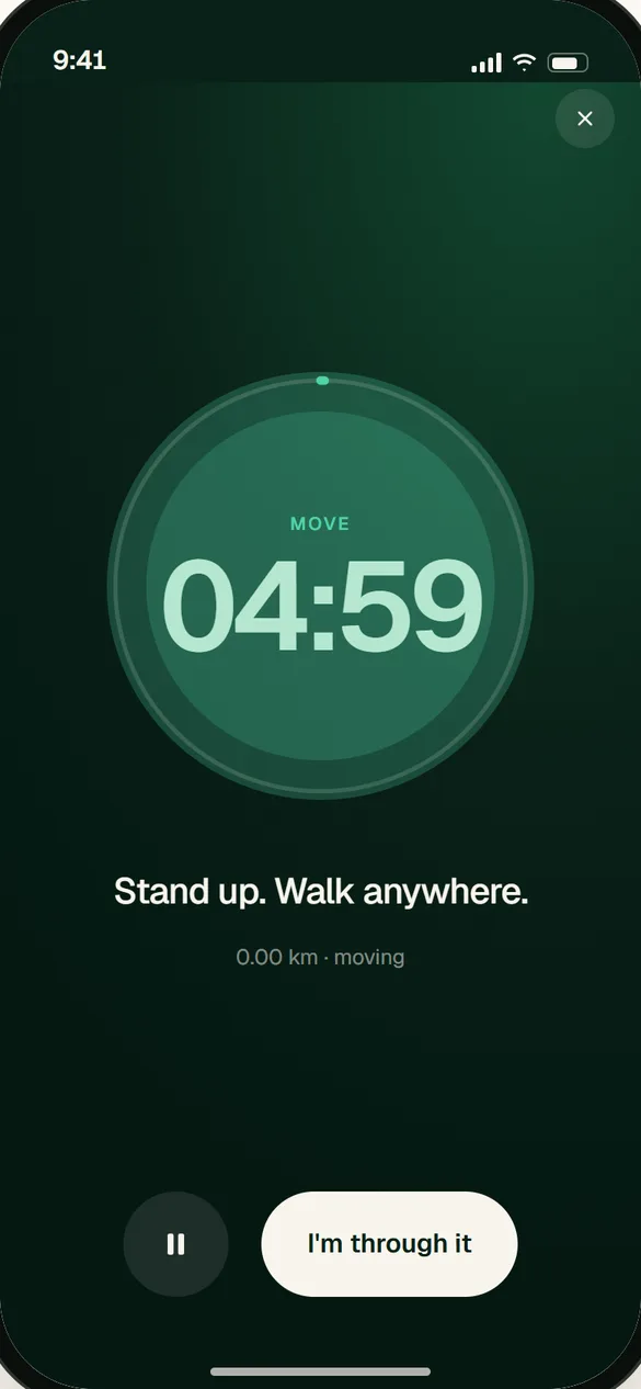 Guided movement during a difficult moment. Illustrative app preview.